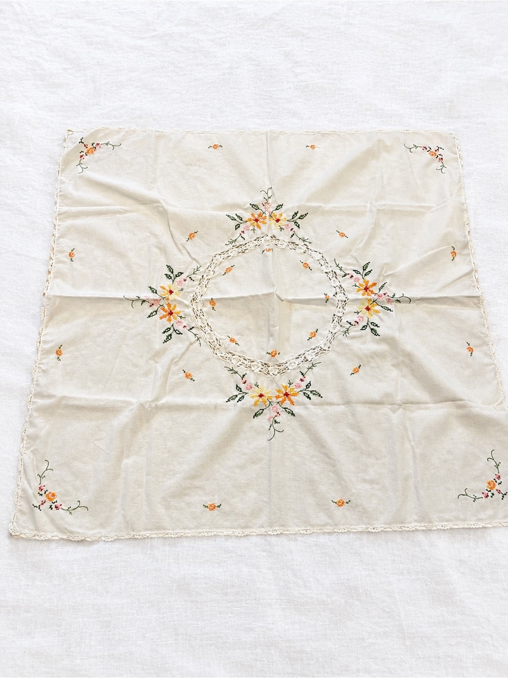 Vintage hand made Cream Floral Embroidered Tablecloth - Classic Dining Accent